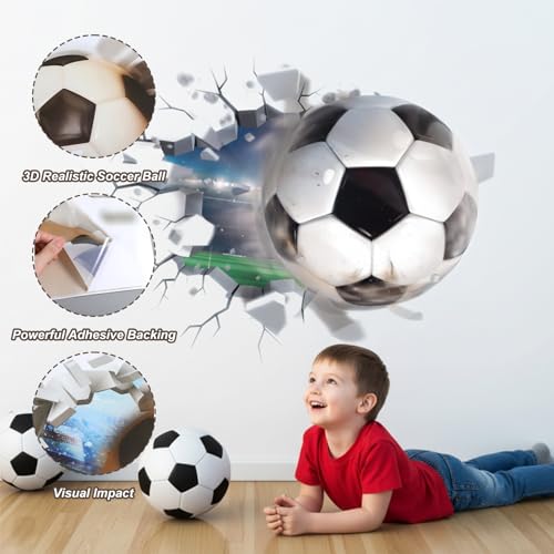 3D Fußball Wandtattoo,Fussball Wandsticker Kinderzimmer,Durchbruch Wandaufkleber für Jungen,Fußball Wandstikcer für Schlafzimmer Wohnzimmer Wanddeko