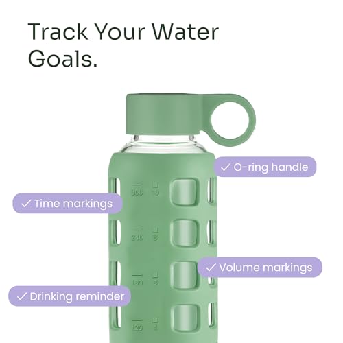 purifyou 40oz / 32oz / 22oz / 12oz Borosilicate Glass Water Bottle with Time & Volume Markers, Silicone Sleeve, Stainless Steel Lid | Reusable Glass Bottle for Water & Juice (12oz Shale Green)