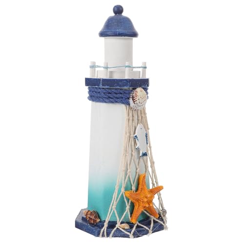 DIYEAH Adorno Faro de Madera Mediterráneo para Decoración de Escritorio, Estilo Vintage Diseño de Estrella de Mar, Decoración Náutica para Sala, Oficina y Dormitorio, Detalle Rústico