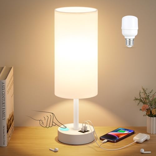 Dicoool White Touch Bedside Lamp for Bedroom - 3 Way Dimmable Table Lamp with USB, Nightstand Lamp with White Charging Station for Desk Dorm, Girl Kids Room, Small by Dicoool - Used condition - US$20.01