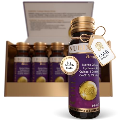Nubixeel Premium Marine Collagen (10 Shots) Hydrolyzed Liquid Collagen with Vitamin C + Biotin + E + B5 + B6 | Hair & Skin Support | for Women & Men | Sugar-Free | Gluten-Free