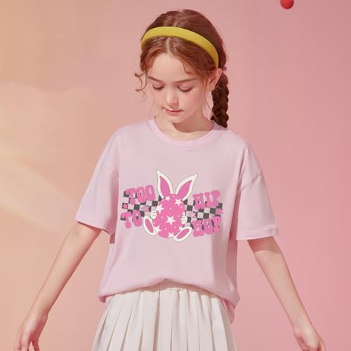 Toddlers Happy Easter Shirts Girls Cotton Short Sleeve T-Shirt Children's Eggs Hunt Tees Kids Tees Pink Clothes 1-7 T4