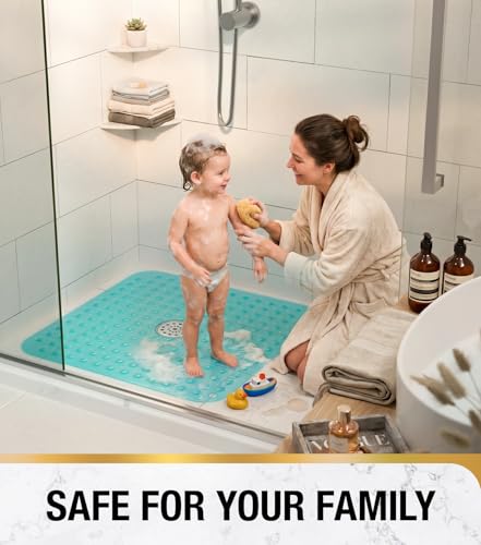 Image of HITSLAM Shower Bathtub Mat Non Slip, 24 inchx 24 inch Bath Mat for Tub, Soft PVC Shower Mats for Inside Shower with Suction Cups and Center Drain Hole, Machine Washable Bathroom Floor Mat, Green