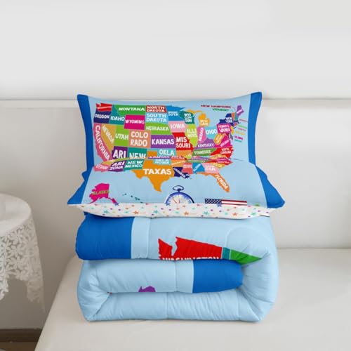 Image of Feelyou Geography USA Map Comforter Set Full Size, Educational Map Bedding Set for Kids World Geography Comforter Learning Educational Duvet Set Microfiber Bed Set