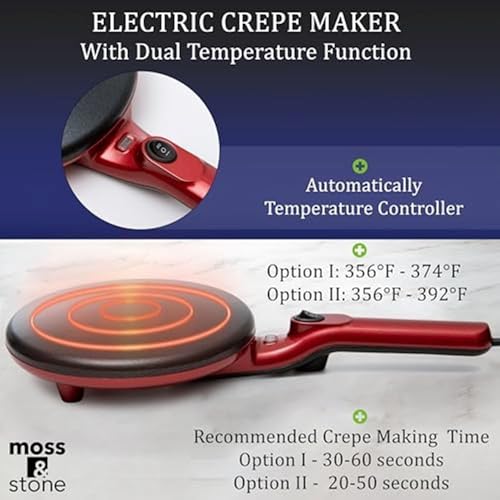 Image of Moss & Stone Red Electric Crepe Maker, 8 inch Portable Nonstick Crepe Pan | Nonstick dipping plate, auto shut-off, on /off switch, even heating, dual temperature control, compact design