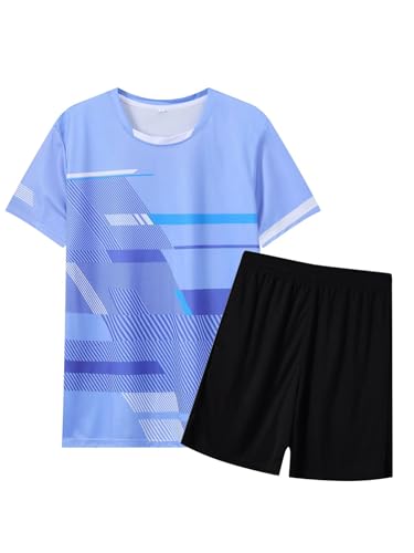 Hansber Kids Boys Girls Athletic Soccer Outfit Short Sleeve Contrast Color T-shirt with Loose Shorts Set Purple 9-10 Years2