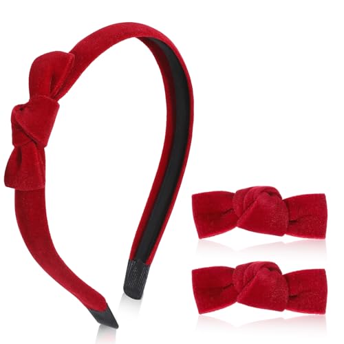 MBAIYO Lot de 3 pinces à cheveux en velours avec nœud rouge - Mini bandeau avec petit nœud - Accessoires mignons pour femme (bordeaux)