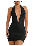 SweatyRocks Women's Sexy Deep V Neck Lace Halter Mini Dress Open Back Bodycon Club Dresses Rave Outfits Black Large