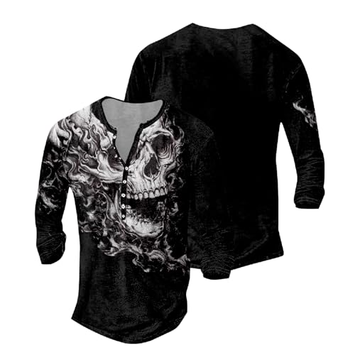 ZOCAVIA Men's Distressed Henley Shirts Retro Long Sleeve Button V Neck Pullover Tops Fall Cross Skull Graphic Washed T-Shirts3