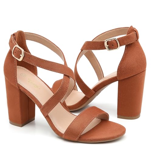 Image of Trary Women's Block Chunky Heel Sandals for Women Open Toe Adjustable Cross Ankle Strap Dress Shoes Walking Wedding Evening Bridal Heels