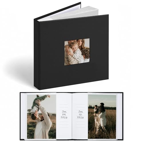 Vienrose Álbum de Fotos 6x4, Tapa de Piel Sintética con Ventana y Espacio para Escribir, 48 Fundas de Insertar, Regalo para Boda, Aniversario, Bautizo, Libro de Recuerdos Fotos Familia, Negro