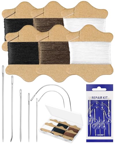 FIVEIZERO Upholstery Repair Sewing Kit Leather Sewing Kit 126 Yards Upholstery Thread&7Pcs Heavy Duty Needles Leather Thread Curved Needles for Quilting & Hand Stitching (3 Colors)