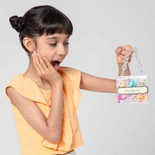 Image of Radhu & Kabby Assorted Colourful Hair Accessories Set for Kids | Transparent Purse with Handle | Includes Mini Hair Ties, Clips, Mini-Clutchers for Easy Styling | Multicolour