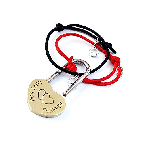 XIAN 2 Magnetic Bracelets, Attractive for Men and Women, Black/red Braided Rope, Paired with A 1 Brass Double Heart-Shaped Wishing Lock, Anniversary, Couple Gift, Eternal Love