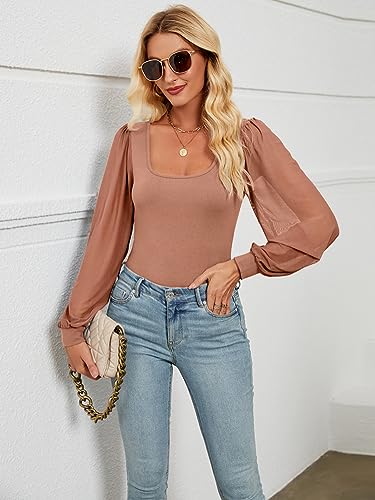 oten Women's Mesh Loose Lantern Long Sleeve Body suits Square Neck Sheer Bodysuits Leotards Shirts Orange Medium