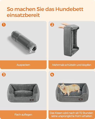 Feandrea Hundebett, Hundekissen in Leinenoptik, Hundekorb, erhöhte Ränder, rutschfeste Unterseite, Bezug abnehmbar waschbar, L, für mittelgroße Hunde, 90 x 75 x 25 cm, hellgrau PGW11GG