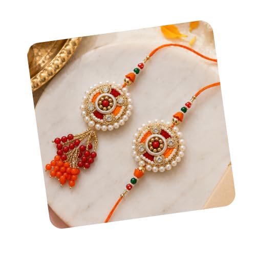 Image of eCraftIndia Designer Bhaiya Bhabhi Rakhis with Roli Chawal Pack and Raksha Bandhan Greeting Card - Rakhi for Brother, Bhaiya, Bhai