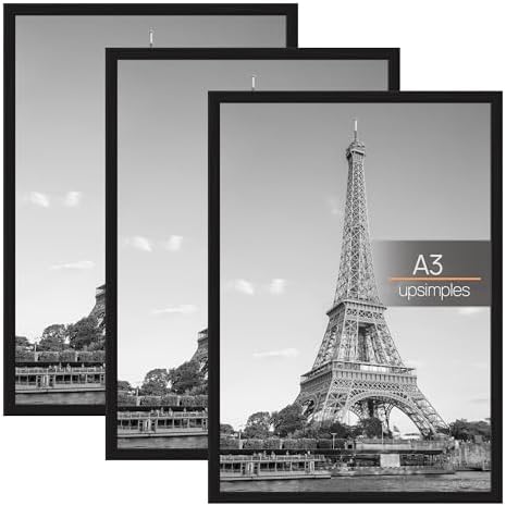 upsimples 3er Set Bilderrahmen A3 Schwarz für Poster, Fotos & Kunstdrucke | Mit Einschubstreifen für A3 Drucke, Urkunden und Kinderzeichnungen, hoch- oder querformat zur Wandmontag