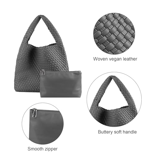 Image of Woven Tote Bag for Women with Purse, Vegan Leather Hobo Bags Large Handmade Underarm Shoulder Bag