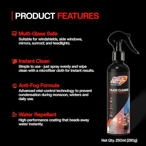Image of Car Glass Cleaner Spray | 250ml | Anti-Fog Formula | Streak Free Shine for Car Windshields, Windows & Mirrors | Water Repellent Shield | Removes Dirt, Grim & Oily Film from Glass
