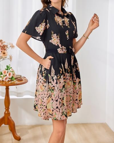 Image of Women Long Sleeve Spring Button Down A-Line Floral Print Summer Cocktail Shirt Dresses with Belt