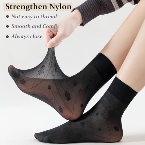 Image of VIBCICY 12 Pairs Womens Sheer Nylon Ankle Socks,Nude Thin Tight Stockings for Summer,See Through Silk with Mesh Floral Crew Socks