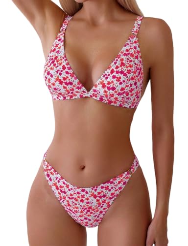YIMISAN Women's Two Piece Floral Print Swimsuits Triangle Top Sexy Bikini Sets Low Waist Cheeky Bathing Suit