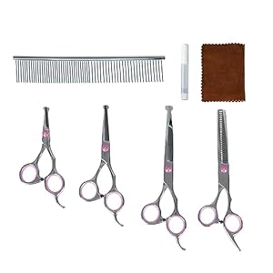 Dog Grooming Scissors Kit - 4CR13 Steel Grooming Scissors for Dogs - Extra Sharp Dog Grooming Kit w/Size Variations - Comfortable Finger Rings - Dog Grooming Supplies Includes 4 Scissors & 1 Comb Dog Grooming Scissors Kit 4CR13 Steel Grooming Scissors for Dogs Extra Sharp Dog Grooming Kit wSize Variations Comfortable Finger Rings Dog Grooming Supplies Includes 4 Scissors 1 Comb