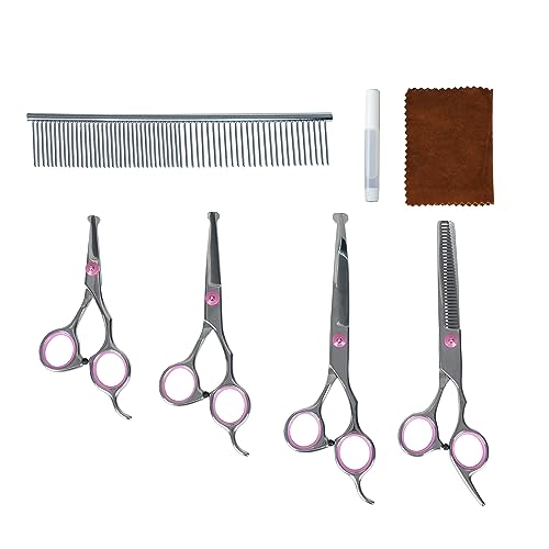 Dog-Grooming-Scissors-Kit-4CR13-Steel-Grooming-Scissors-for-Dogs-Extra-Sharp-Dog-Grooming-Kit-wSize-Variations-Comfortable-Finger-Rings-Dog-Grooming-Supplies-Includes-4-Scissors-1-Comb Dog Grooming Scissors Kit 4CR13 Steel Grooming Scissors for Dogs Extra Sharp Dog Grooming Kit wSize Variations Comfortable Finger Rings Dog Grooming Supplies Includes 4 Scissors 1 Comb