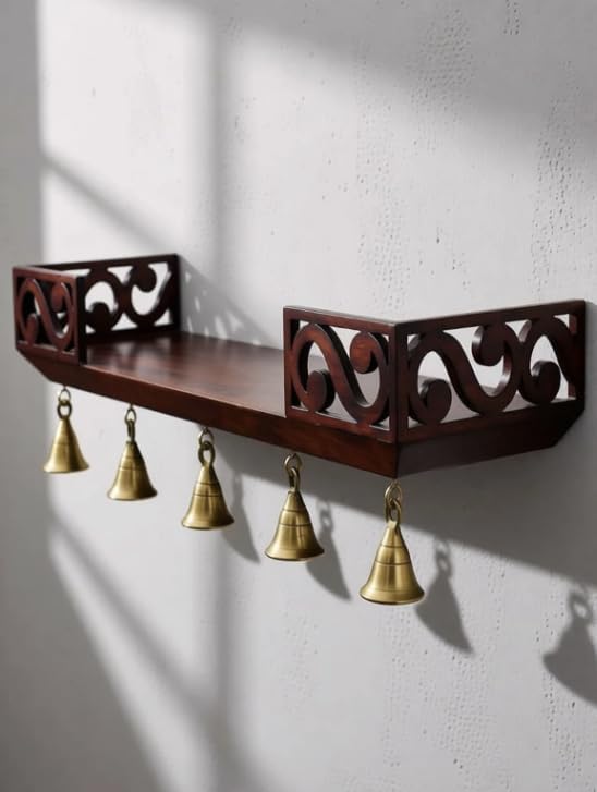 Decorative Wall Mounted Wooden Bell Shelf for Home Décor Premium MDF Floating Wall Rack with Hanging Brass Bells Modern Temple Entrance & Living Room Wall Accent Dark Walnut Finish-image-44