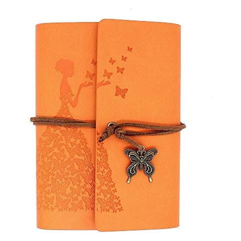 Hooshion Classic Business Binder PU Notebook Butterfly Lanyard Kraft Paper Skirt Belle Handbook Journal Loose leaf Retro Leaves Notepad(Large-Yellow) Cover