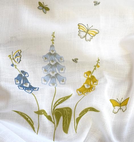 Image of Tranquebar Curtain Co. Sheer Curtains 7 Feet Long Set of 2, Linen Textured Sheer Fabric, 20-30% Light Filtering, Blue Floral Print, White Sheer Curtains 7 Feet, BackTabs, Titli (213 cm) - Set of 2