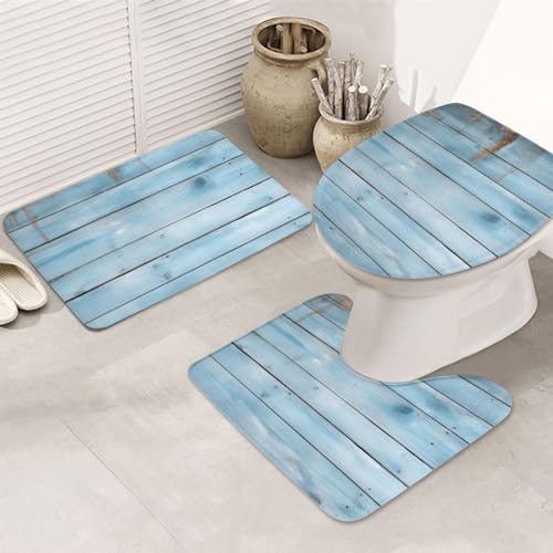 Tapis de salle de bain lot de 3 avec contour WC en U bleu absorbant - 2