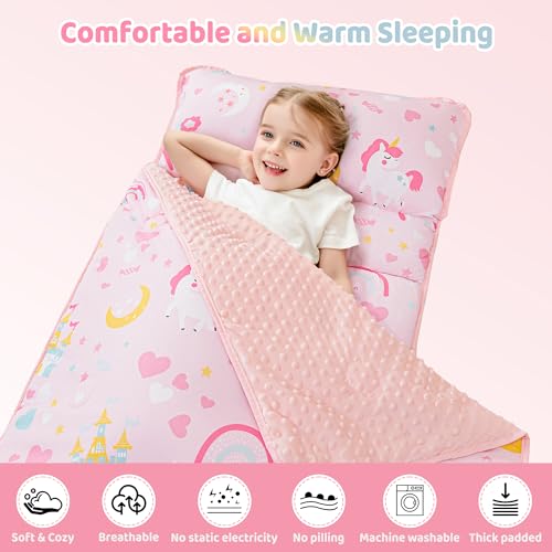 Image of Viviland Toddler Kid Nap Mat for Preschool, Girls Pink Princess Daycare Kindergarten Slumber Bag