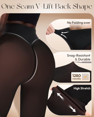 Image of Fleece Lined Tights Women One Line High Waist Warm Sheer Fleece Tights Thick Thermal Pantyhose Winter Black