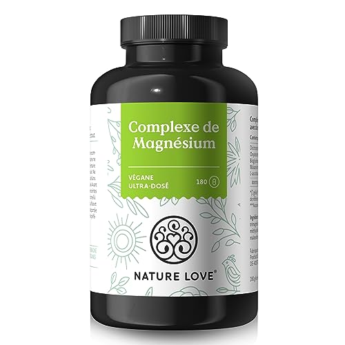 NATURE LOVE® Complexe de magnésium - 180 gélules - 400mg de magnésium élémentaire par dose journalière - magnésium en formes citrate, oxyde, bisglycinate, malate et ascorbate - végane, hautement dosé