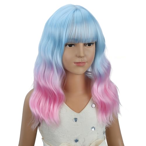 Image of PATTNIUM Girls Blue Ombre Pink Short Wavy Curly Wig with Bangs Kids Pink and Blue Bob Wigs Synthetic Halloween Costume Cosplay Party Wigs