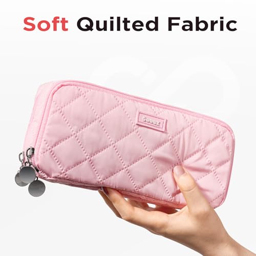 Image of Sooez Large Pencil Case Pouch, Extra Big Pencil Bag with 8 Compartments, Pen Bag Wide Opening, Soft Quilted Pencil Pouch Organizer with Zipper, Portable Pencil Case for Teen Girls, Pink