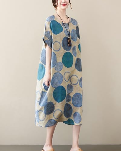 Image of LUZU JUNU Women's Summer Baggy Plus Size Loose Cotton Linen Long Boho Beach Dress with Pockets
