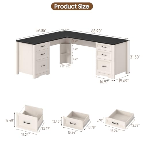 Image of Vabches Wood L Shaped Executive Desk with 6 Drawers, Farmhouse Home Office Desk with Power Outlets and Triangle Under-Desk Storage Shelf & Drawer File Cabinet, Corner Computer Desk, Black