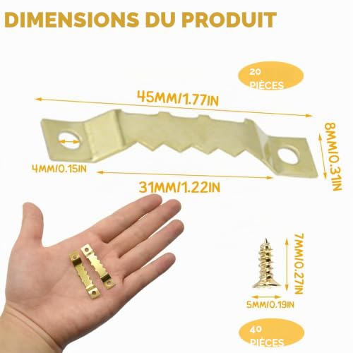 20 crochets de suspension avec dents de scie, y compris 40 vis – Stable pour cadres en bois/châssis à clavettes, murs de maison et de bureau – vue 2