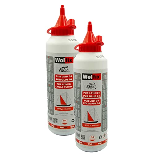 Wolfix Colle à Bois Extra Forte 2 Pièces 500g D4 PVC PUR PU Express - Polyuréthane Résistante à l'Eau et à Séchage Rapide - Pour Bois, PVC, Montage, Bricolage