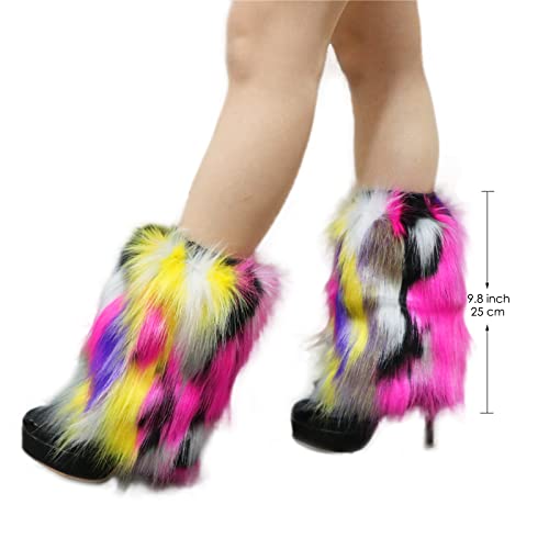 Tie Dye Women Furry Leg Warmers Faux Fur Boot Covers Fluffies Cuffs, 9.8" Tall2
