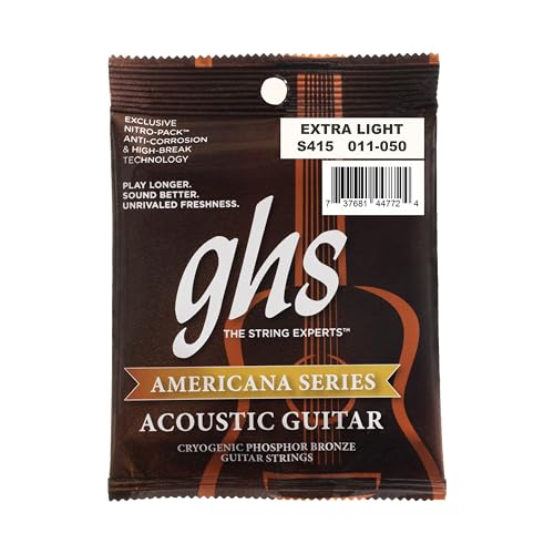 GHS Americana – Acoustic Guitar Strings – Phosphor Bronze – Brass-Plated Core – Cryogenically Treated – Warm, Bright Tone – USA Made – Nitro-Pack – S415 – Light 11-50