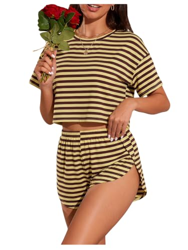 Image of OYOANGLE Womens Pajama Sets 2 Piece Sexy Lounge Sets Summer Cute Pjs Striped Print Tee and Side Split Shorts Set