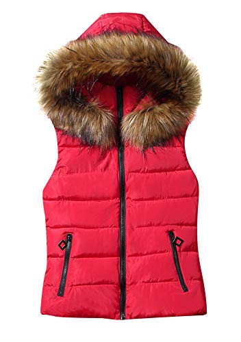 FLATAY Womens Padded Puffer Soft Vest Windproof Outwear Vest with Faux Fur Hood Red L