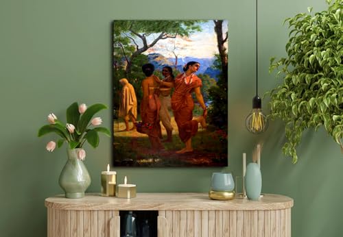 Image of Sikhash Raja Ravi Varma Canvas Paintings Classic Art, Indian Art, Famous Artist, Wall Painting for Living Room, Bedroom, Office, Unframed, Multicolor Fabric Size - 12x9 inches (30x23 cms, Shakuntala Looks of Love)
