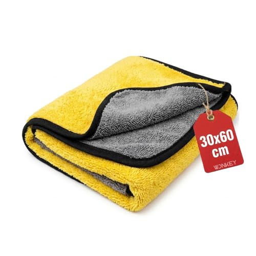WONKEY 60x30 cm Sarı Gri Ultra Kalın Mikrofiber Oto Araba Yıkama Kurulama Havlusu, Orta Boy Çift Katlı Araç Kurutma ve Torpido Silme Bezi