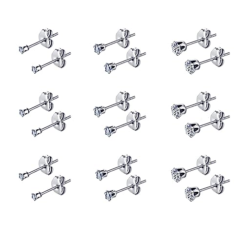 FOSIR Stud Earrings for Women, Stainless Steel 9 Pairs Cubic Zirconia Earrings Studs for Women, Hypoallergenic Earrings Set, 2mm 3mm 4mm
