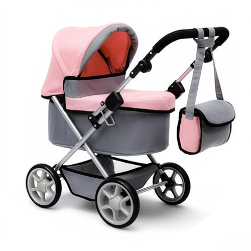 FALVIA Baby Doll Stroller Foldable Doll Pram with Basket,Adjustable Handle,Light Gray/Pink,Dolls Up to 22' Doll, Dolls to Play Baby Doll Convertible...